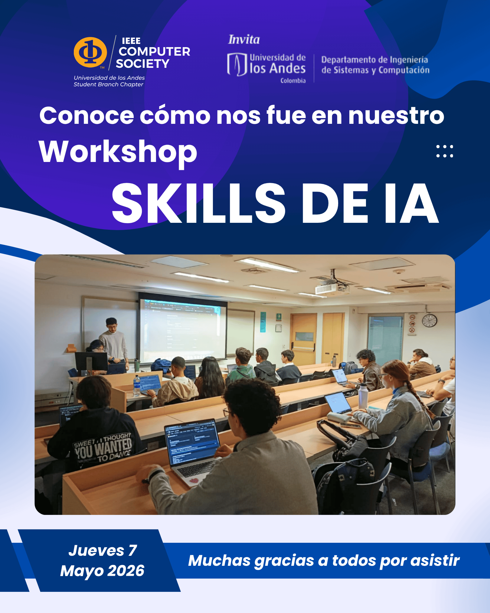 Asistentes al workshop Skills de IA trabajando con sus portátiles en el salón